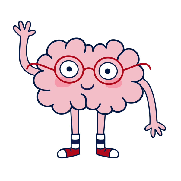 Mascota de VG English School, un cerebro con anteojos que saluda