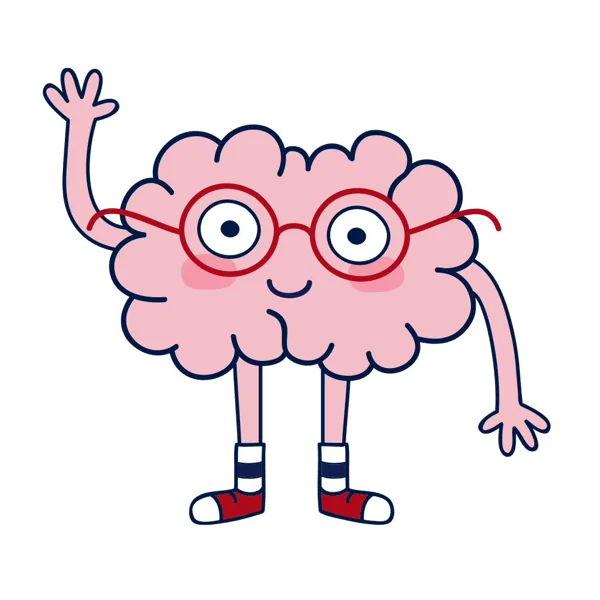 Mascota de VG English School, un cerebro con anteojos que saluda